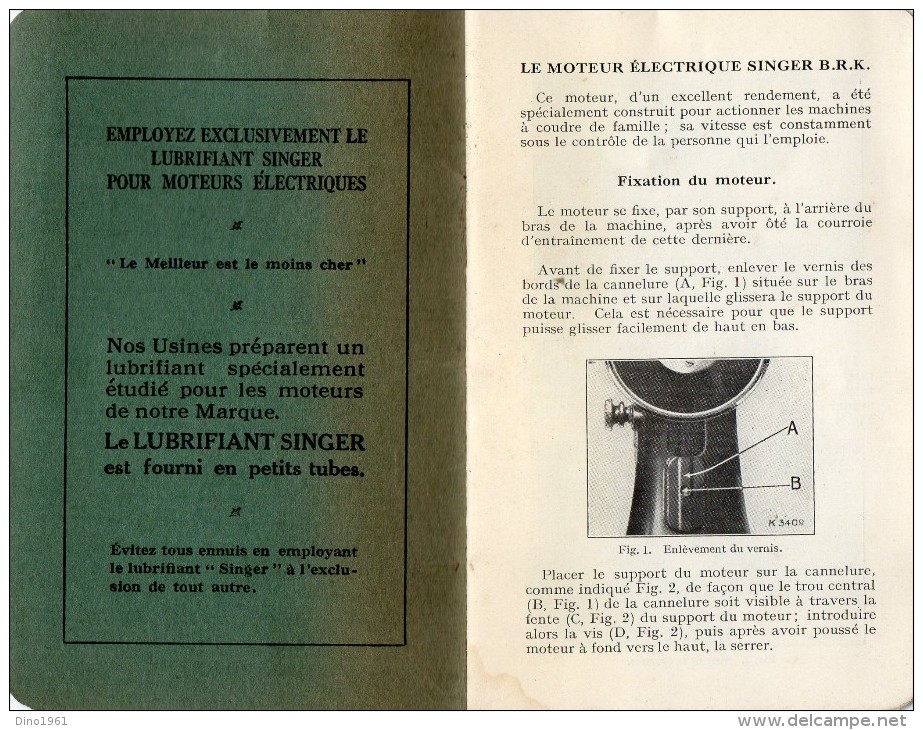 L 8 - Petit Manuel D´instructions Pour L´emploi Et Montage Des Moteurs Electriques SINGER B.R.K Machines à Coudre - Manuali Di Riparazione