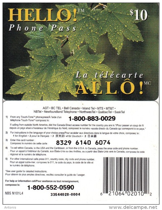 CANADA - Leaves, Hello Prepaid Card $10, Used - Canada