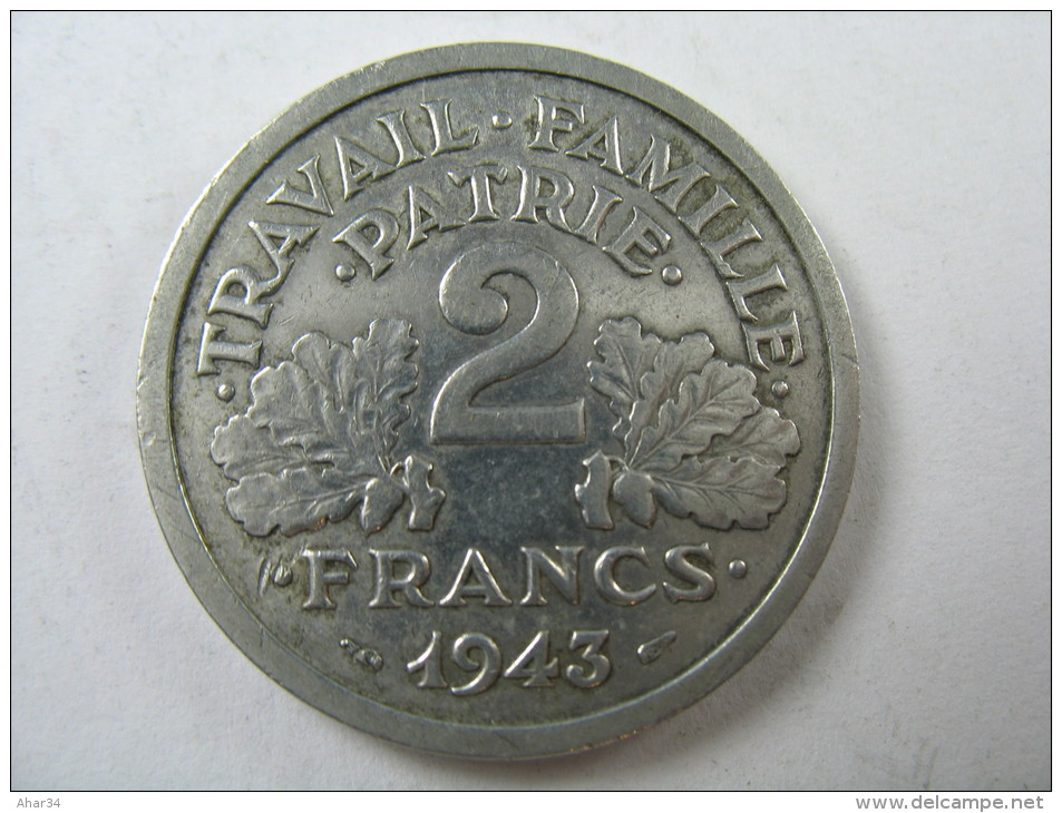 FRANCE 2 FRANCS 1943 SHARP DETAILS HIGH GRADE   COIN  LOT 23 NUM  10 - 1948-1980 : Juliana