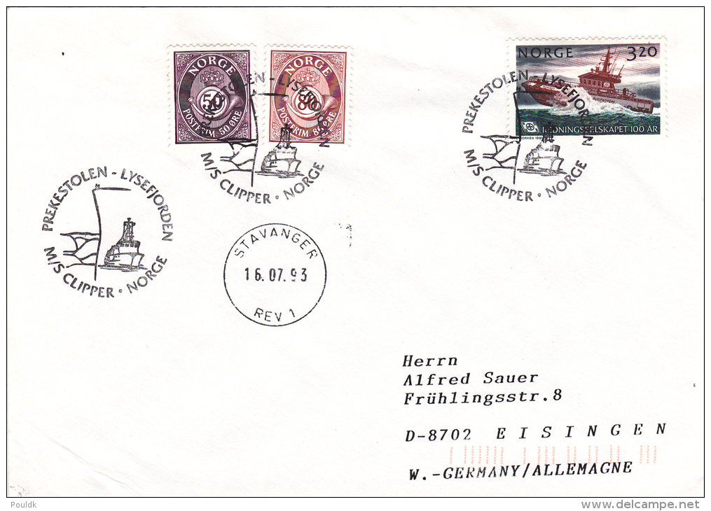 Ship Cover: M/S Clipper Norge Prekestolen Lysfjorden And Also Stavanger Postcachet 1993 (G62-53) - Barcos