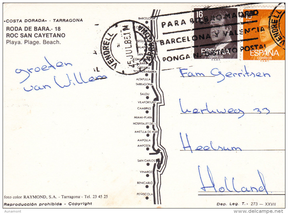 España--Tarragona--1986--Roda De Bara--Playa-Roc San Cayetano Y Puerto--Fechador-Vendrell - Tarragona