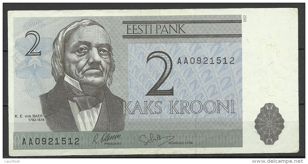 Estland Estonia Estonie 2 Krooni 1992 Banknote Karl Ernst Von Baer Universität Dorpat Tartu - Estland