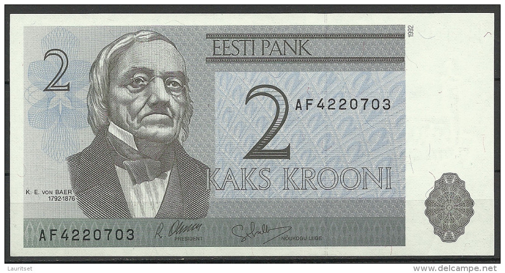 Estland Estonia Estonie 2 Krooni 1992 Banknote Karl Ernst Von Baer Universität Dorpat Tartu AUNC - Estland