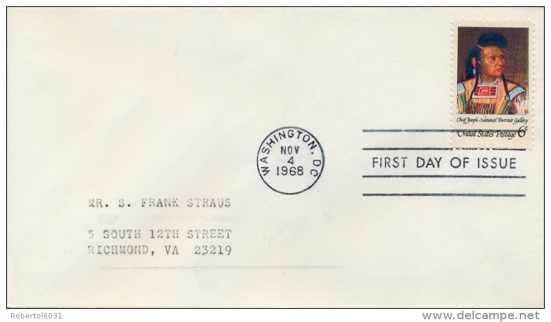 USA 1968 FDC Honoring The American Indian: Chief Joseph Leader Of The Nez Percè Tribe - Indiens D'Amérique