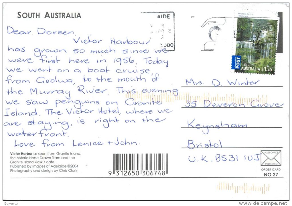 Victor Harbour, South Australia Postcard Used Posted To UK 2010 Stamp - Victor Harbor