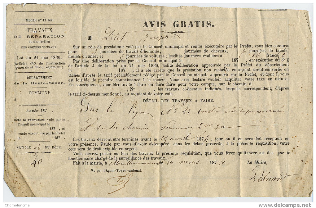 1874 SERVICE VICINAL AVIS GRATIS POUR PRESTATIONS A LA JOURNEE MAIRIE Mailleroncourt HAUTE SAONE 70 - Obras Públicas