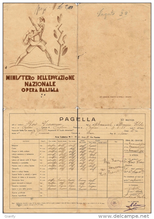 FASCISMO OPERA NAZIONALE BALILLA PAGELLA SCOLASTICA BOSA SARDEGNA 1933 - Diploma & School Reports