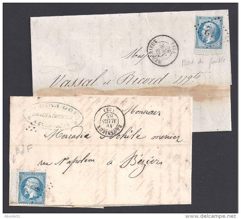 2 Lettres De BEDARIEUX Avec N° 22 Bords De Feuille - 1849-1876: Période Classique