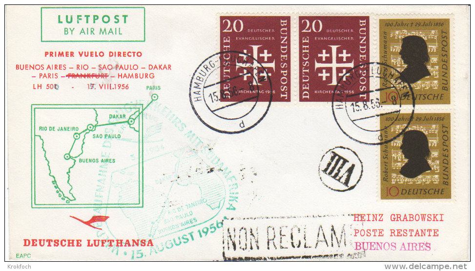 Hamburg Dakar Rio Buenos-Aires Sao Paulo - Lufthansa 1956 - Brasil Argentine - Erstflug 1er Vol - Inaugural Flight - - Lettres & Documents
