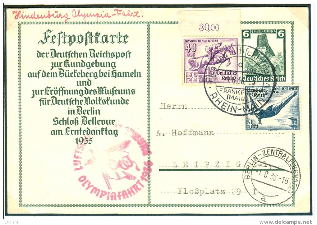 Olympic Flight On Stationery Special Flight Cancel In The RARE Color RED Not Violet With Olympic Stamps - Estate 1936: Berlino