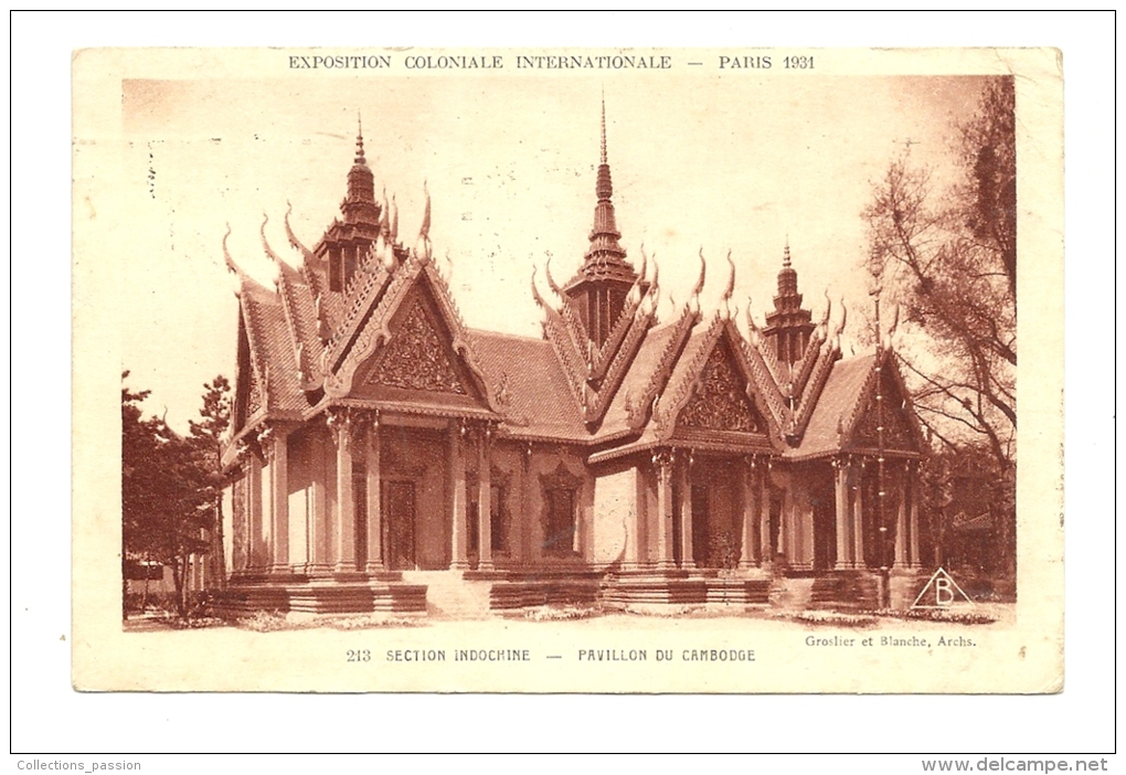 Cp, 75, Paris, Exposition Coloniale Internationale ( 1931 - Section Indochine - Pavillon Du Cambodge, Voyagée 1931 - Expositions