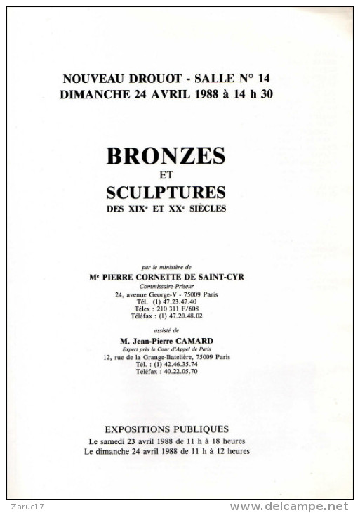 CATALOGUE HOTEL DES VENTES NOUVEAU DROUOT CORNETTE DE SAINT CYR AVRIL 1988  BRONZE SCULPTURE SALLE 14 - Art