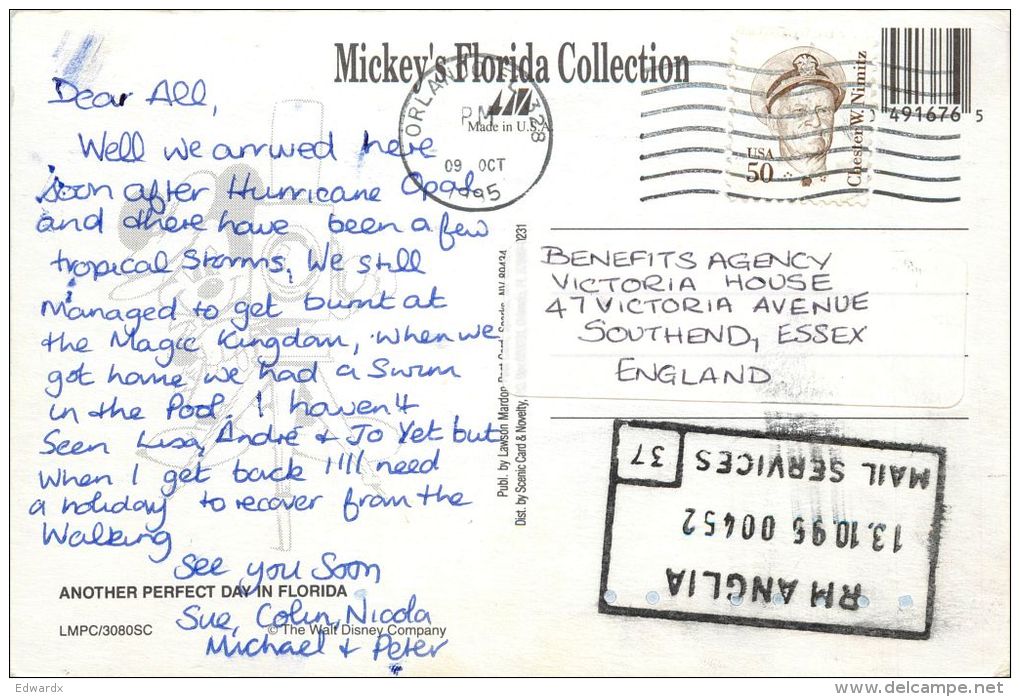 DisneyWorld, Florida, United States USA US Postcard Used Posted To UK 1995 Stamp - Disneyworld