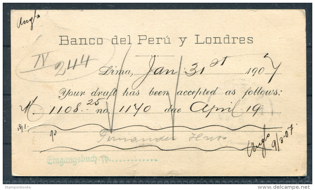 1907 Lima Private Stationery Banco Del Peru Y Londres - Wien, Austria / London Bank - Peru