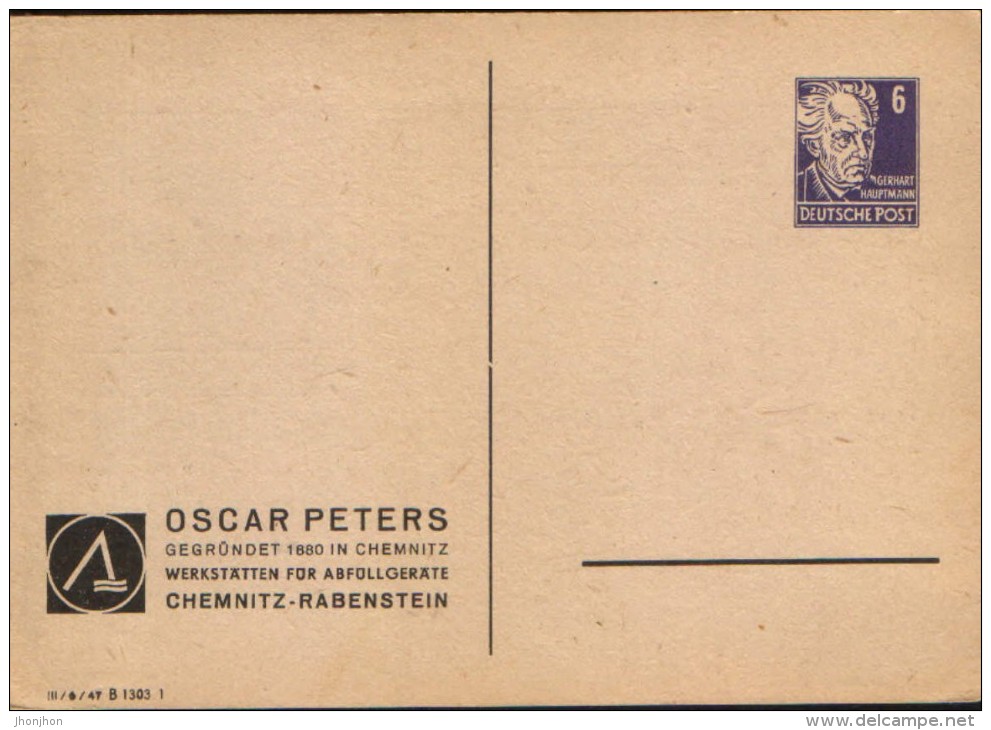 Germany/DDR -  Postal Stationery Private Postcard Unused -  Gerhart Hauptmann,Nobelpreis - 2/scans - Cartoline Private - Nuovi