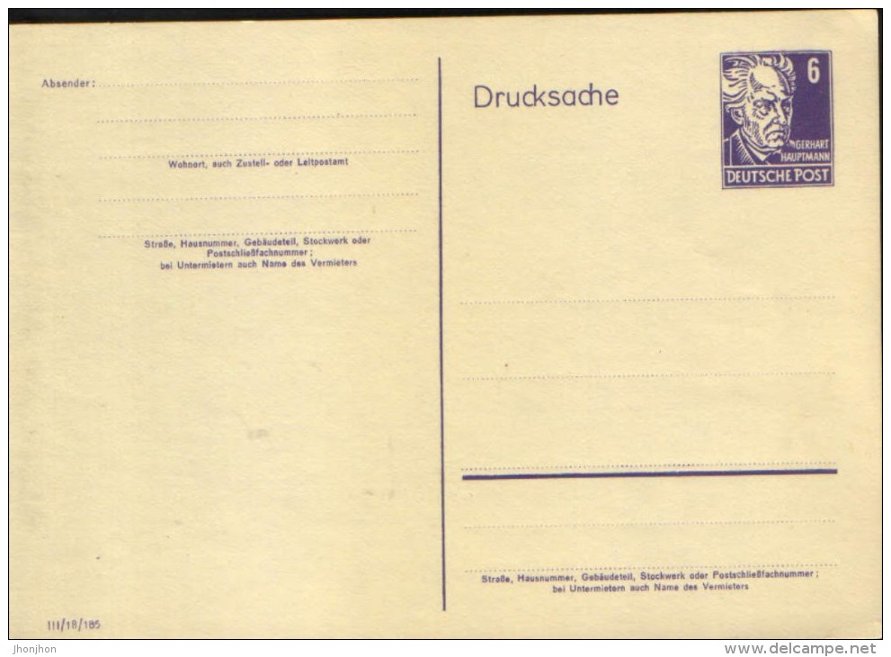 Germany/DDR -  Postal Stationery Private Postcard (cardboard Yellow) Unused -  Gerhart Hauptmann,Nobelpreis - Private Postcards - Mint