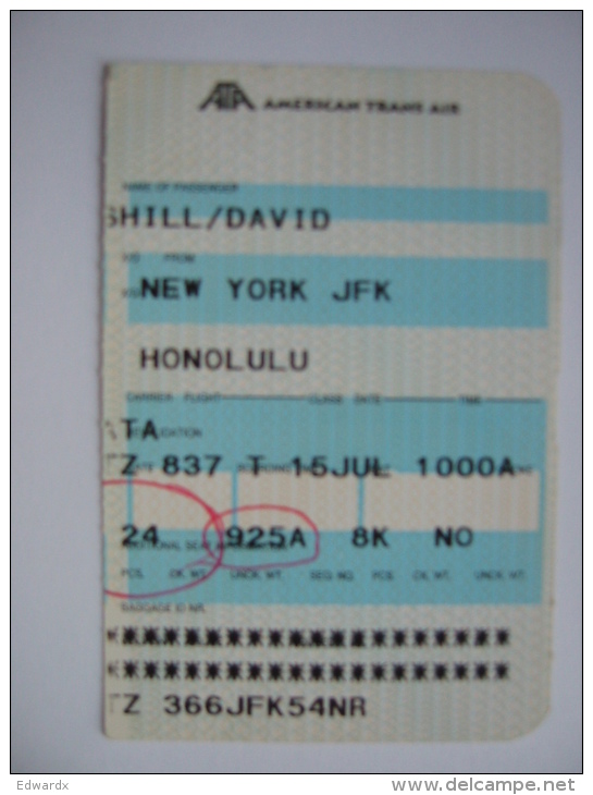 American Trans Air Boarding Pass Card New York JFK - Honolulu - Otros & Sin Clasificación