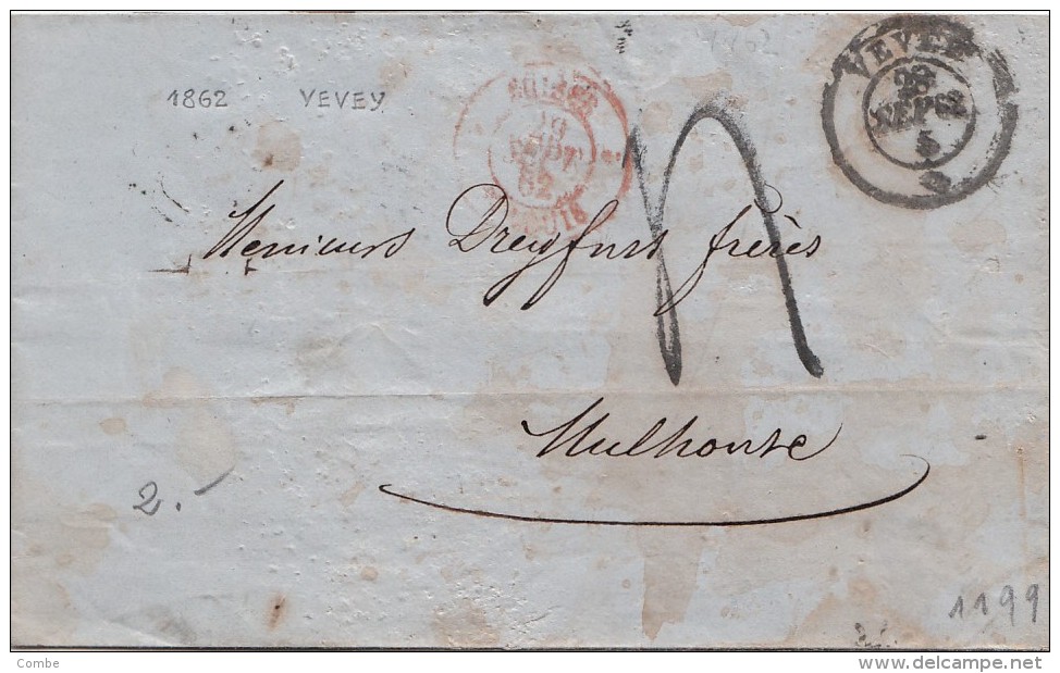 LETTRE SUISSE. 1862, G. KEPPEL VEVEY Pour MULHOUSE, Entrée SUISSE-St LOUIS, TAXE 4  / 7 5 22 - ...-1845 Préphilatélie