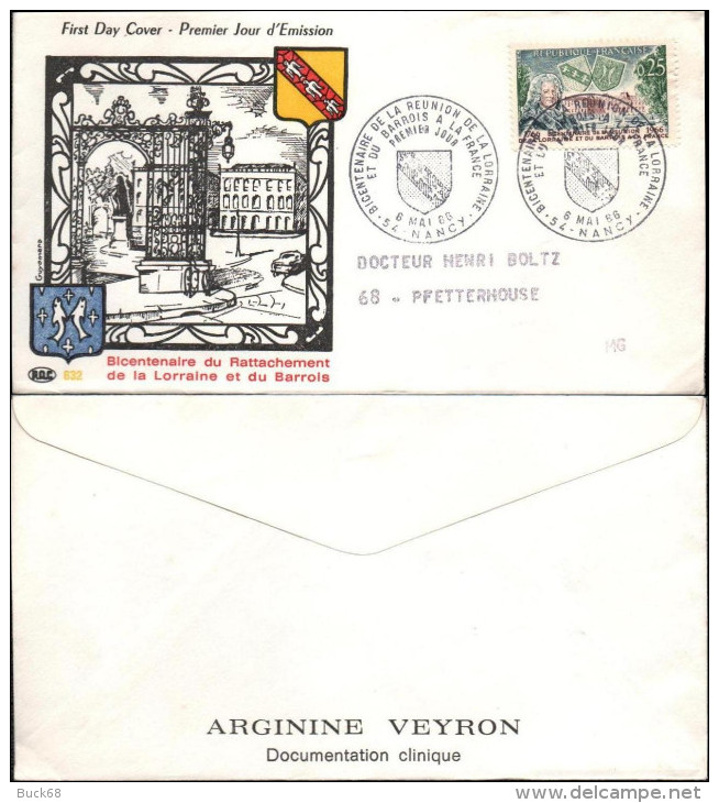 FRANCE Poste 1483 Premier Jour FDC Rattachement Lorraine Barrois + Publicité Pharmacie - 1960-1969