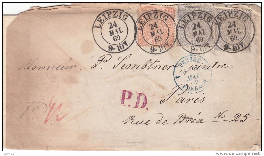 1869 LETTRE ALLEMAGNE, LEIPZIG Pour PARIS, Entrée PRUSSE-FORBACH 4   / 7 5 22 - Covers & Documents