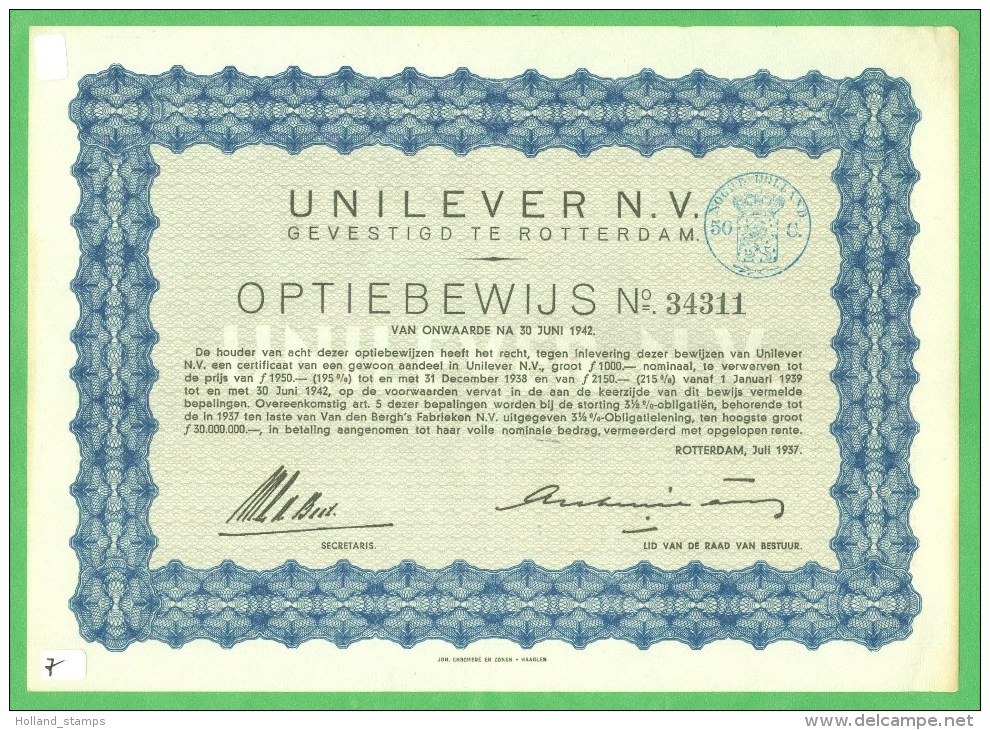 AANDEEL OPTIEBEWIJS UNILEVER UIT 1937 STEMPEL NOORD HOLLAND 50 C   (7) - S - V