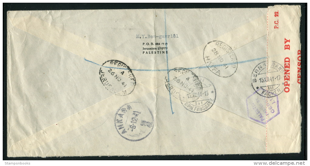 1941 Palestine Jerusalem Registered Censor Cover -  'Der Bund' Bern, Switzerland Via Haifa, Ankara, Istanbul, Turkey - Palestine