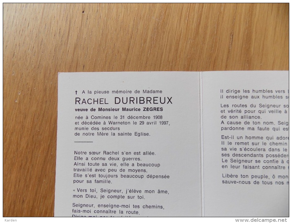Doodsprentje Rachel Duribreux Komen 31/12/1908 Warneton 29/4/1997 ( Maurice Zègres ) - Religion & Esotericism