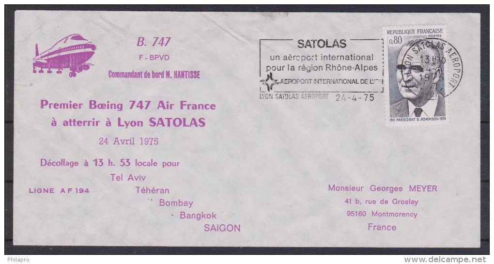 VIETNAM  1er VOL 747   FFC  LYON/SAIGON    24.04.1975    Réf  6551 - Viêt-Nam