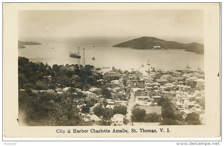 D.W.I. Danish West Indies St Thomas V.Islands City And Harbot Charlotte Amalie Real Photo - Virgin Islands, US