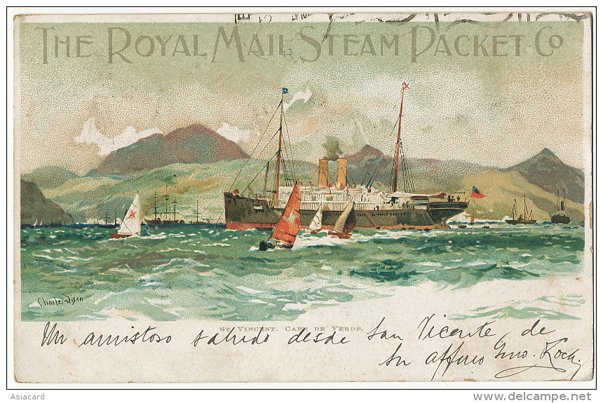 St Vincent Cape De Verde The Royal Mail Steam Packet Co Art Card Charles Dixon Paquebot Ship Cancel - Capo Verde