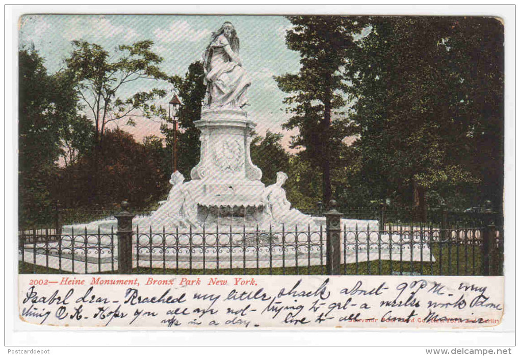 Heine Monument Statue Bronx Park New York City NY 1906 Postcard - Bronx