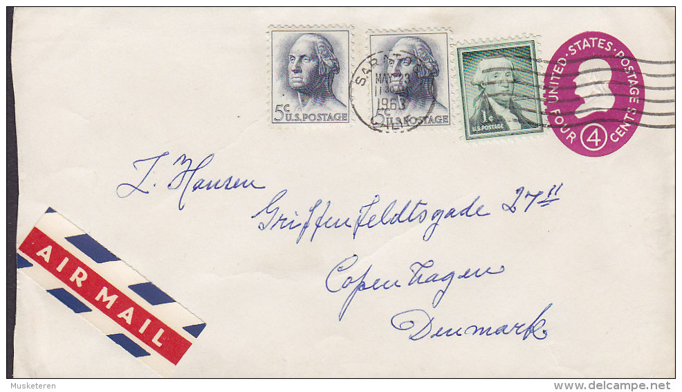 United States AIRMAIL Label Uprated Postal Stationery Ganzsache Entier SARATOGA 1963 Cover Brief To Denmark - 1961-80