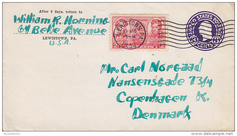 United States Uprated Postal Stationery Ganzsache Entier LEWISTOWN 1939 Cover Brief To Denmark Decateur & MacDonough - 1921-40