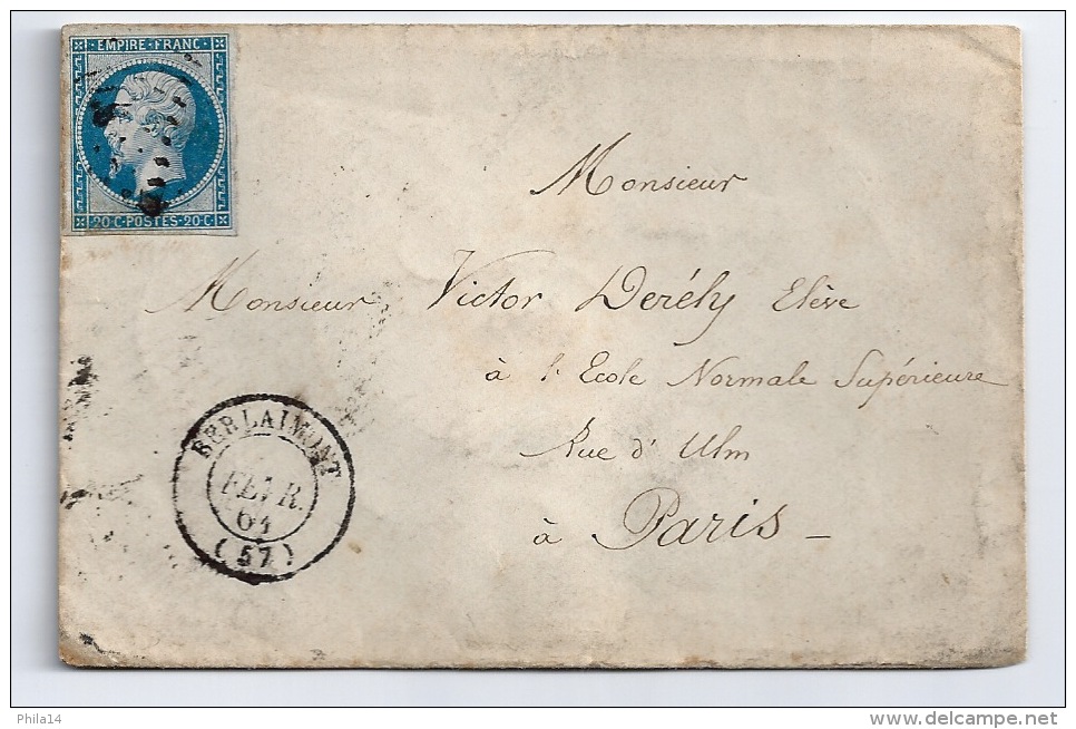 N° 14 BLEU NAPOLEON SUR LETTRE / BERLAIMONT NORD  POUR PARIS  / 8 FEV 1861 - 1849-1876: Période Classique