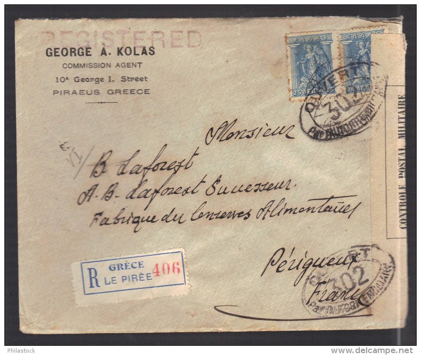 GRECE 1914/1918 Usages Courants Obl. S/enveloppe Recommandée Censure Militaire Française - Lettres & Documents