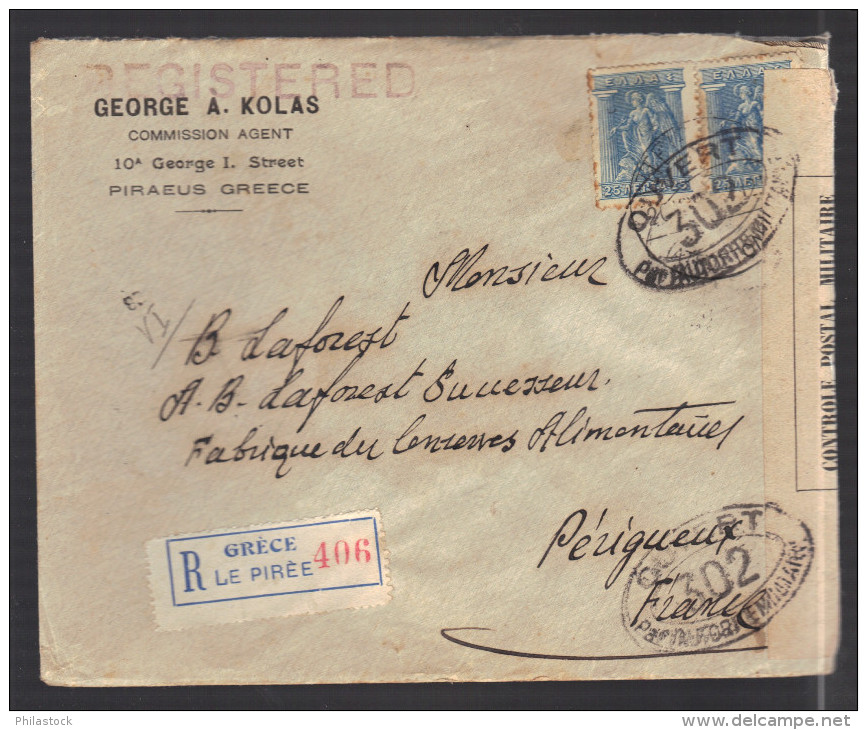 GRECE 1914/1918 Usages Courants Obl. S/enveloppe Recommandée Censure Militaire Française - Briefe U. Dokumente