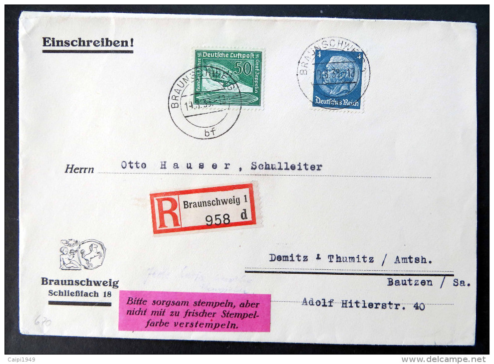 50 Pfg. Flugpost 1938, Mi.Nr. 670, Mit Weiterer Frankatur Auf Dekorativem R-Brief Von Braunschweig Nach Bautzen - Briefe U. Dokumente