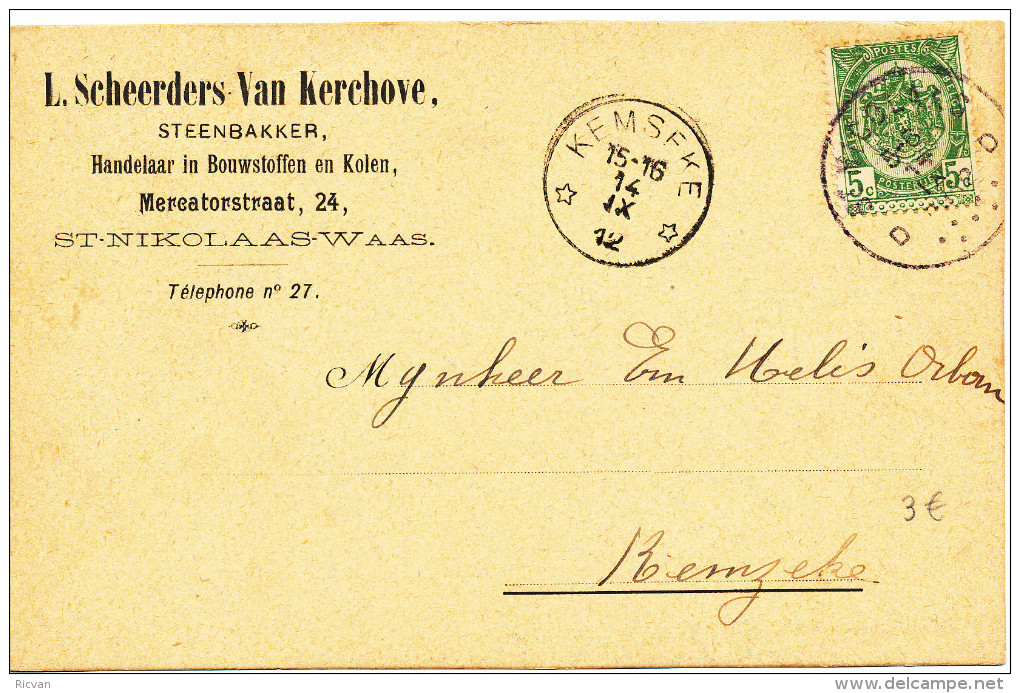 11 Relais!!Firmakaart"Steenb Akker" Met PZ56 Van St Nicolaas Naar Kemzeke Verterk+aankomststempel Zie Scan(s) - 1893-1907 Coat Of Arms