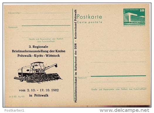 DDR P84-3-82 C3 Postkarte Zudruck MÄHDRESCHER Pritzwalk 1982 - Privatpostkarten - Ungebraucht