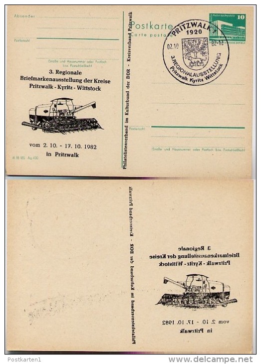 DDR P84-3-82 C3 Postkarte Zudruck ABKLATSCH Mähdrescher Pritzwalk Sost. Wappen 1982 - Cartoline Private - Usati