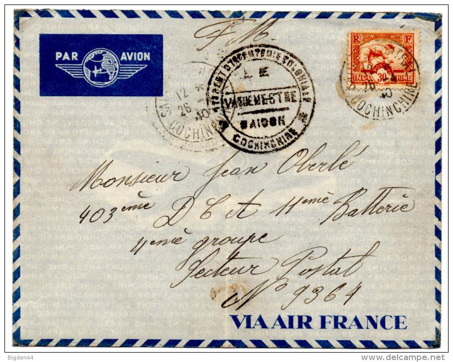 Lettre Par Avion De Saïgon, Cochinchine (26.04.1940) Pour Secteur Postal N° 9364_Infanterie Coloniale_Le Vaguemestre - Lettres & Documents