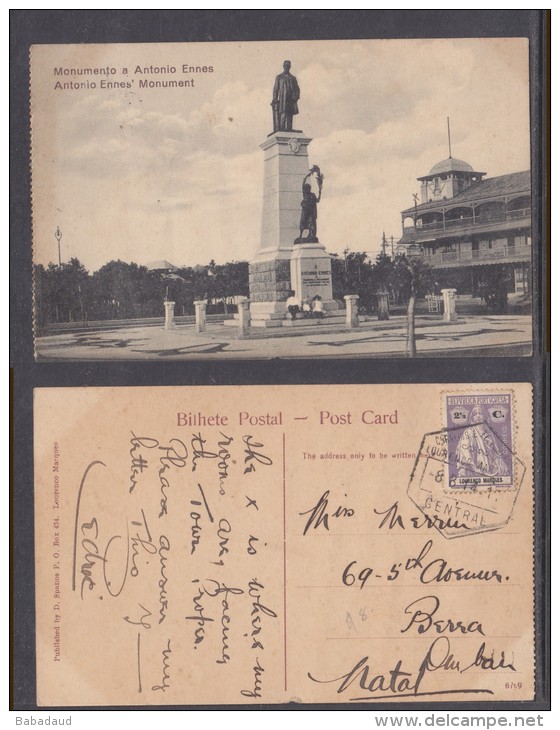 Mozambique: Antonio Ennes Monument, Used 1914,  Lourenco Marques To Durban, S.Africa - Mozambique