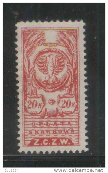 POLAND REVENUE 1919 PROVINCIAL ISSUE EASTERN POLAND 20K RED ZCZW PERF NO GUM BF#40 - Fiscaux