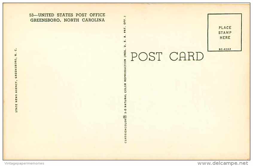 220377-North Carolina, Greensboro, Post Office, Curteichcolor No 8C-K312 - Greensboro