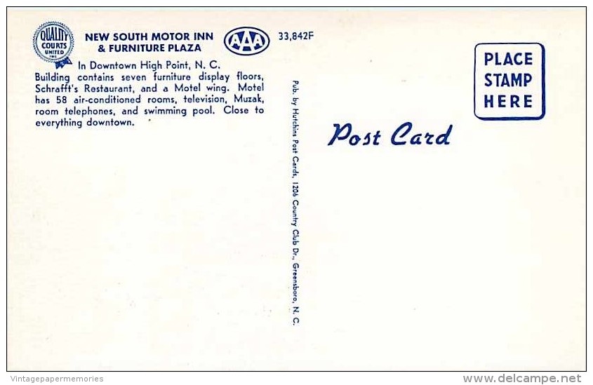 220387-North Carolina, High Point, South Motor Inn & Furniture Plaza, Hutchins Post Cards No 33,842F - High Point