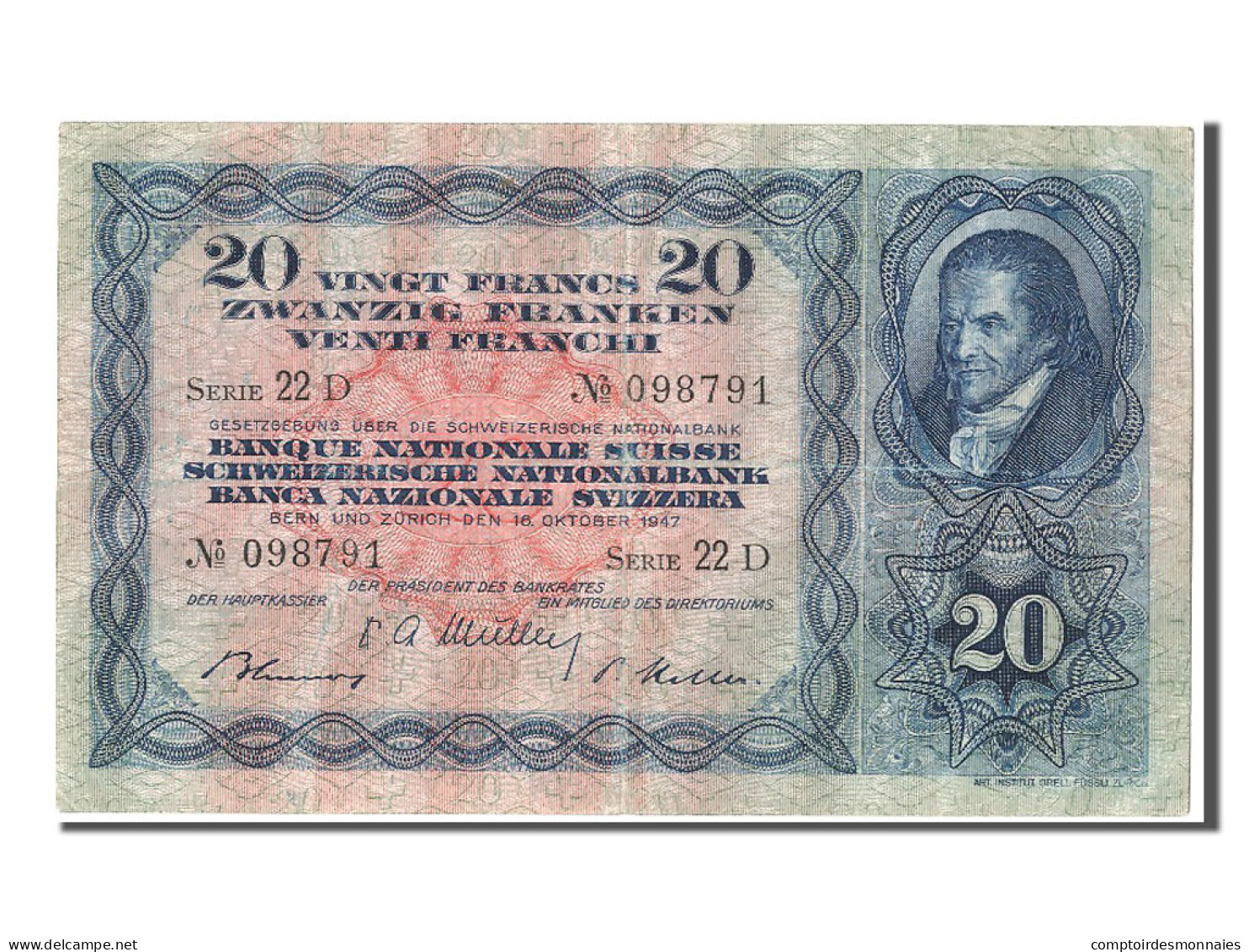 Billet, Suisse, 20 Franken, 1947, 1947-10-16, TTB+ - Suiza