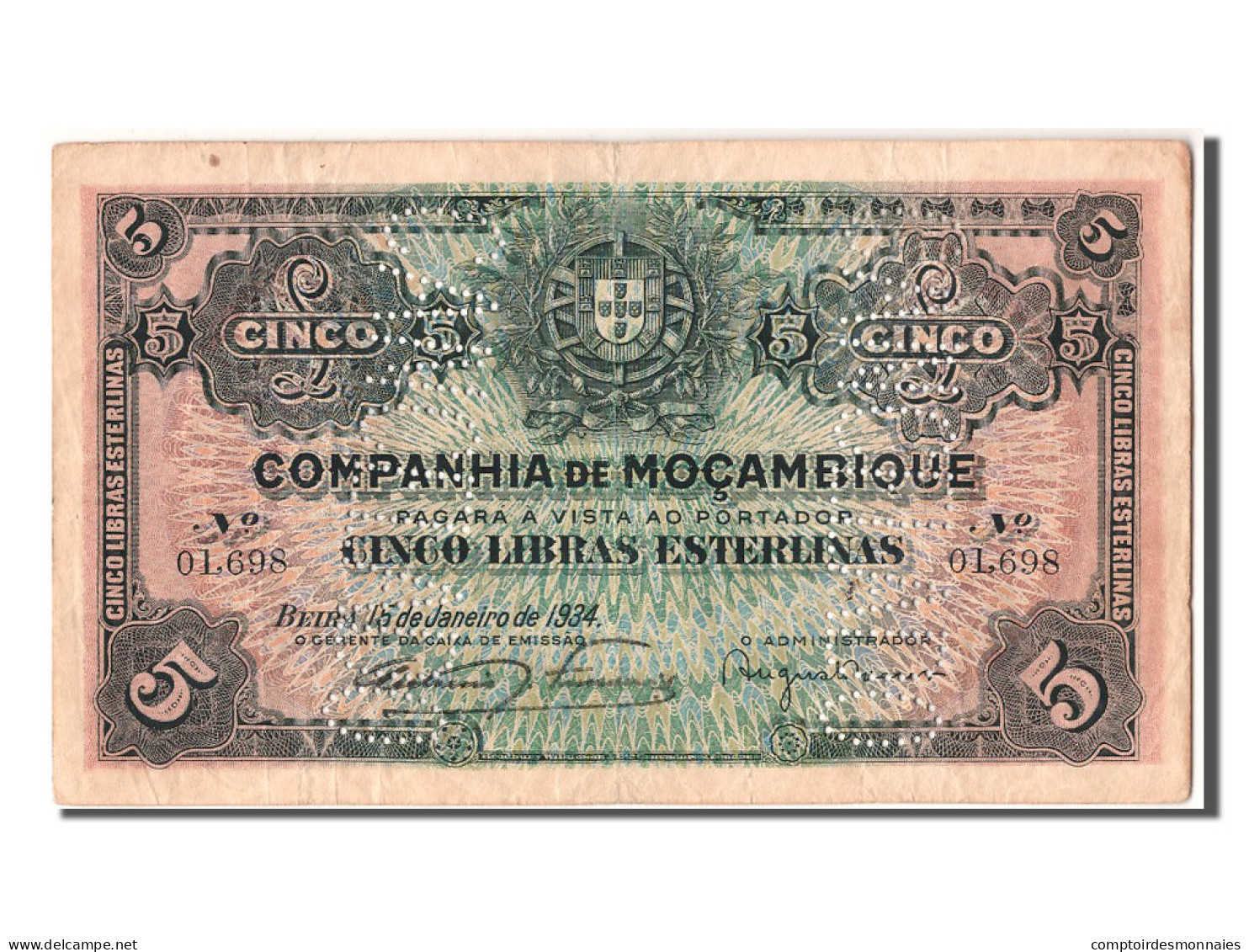 Billet, Mozambique, 5 Libras, 1934, 1934-01-15, TTB - Mozambique