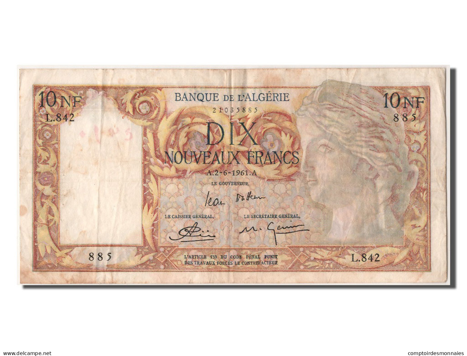 Billet, Algeria, 10 Nouveaux Francs, 1961, 1961-06-02, TTB - Algerien