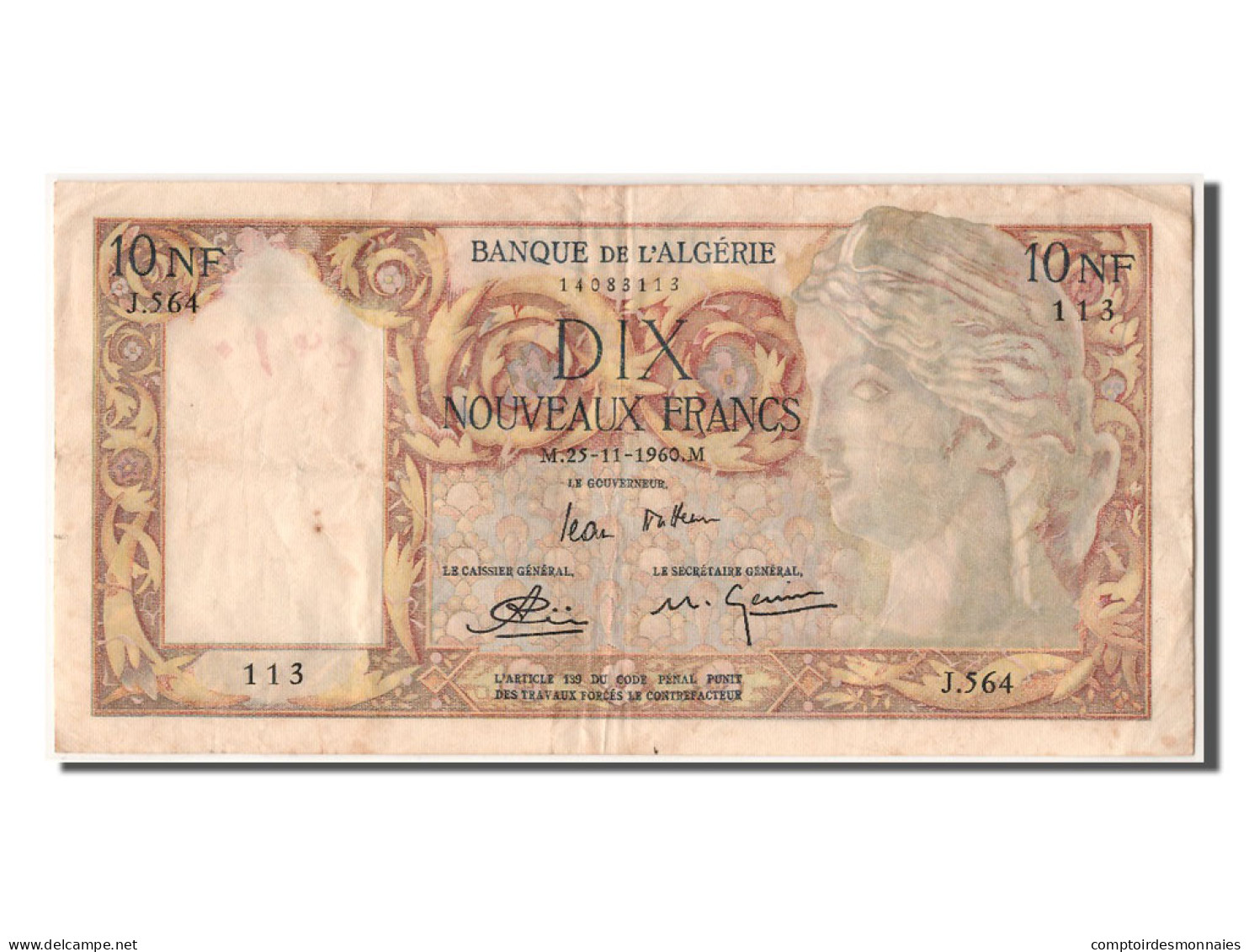 Billet, Algeria, 10 Nouveaux Francs, 1960, 1960-11-25, TTB+ - Algeria