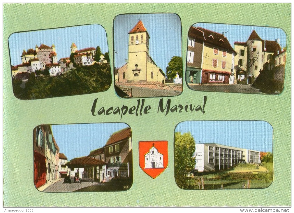 K77  /  DEPT 46 CPSM DENTELLE 1960 LACAPELLE MARIVAL MULTIVUE PLACE DE LA HALL COLLEGE CHATEAU EGLISE   / NEUVE - Lacapelle Marival